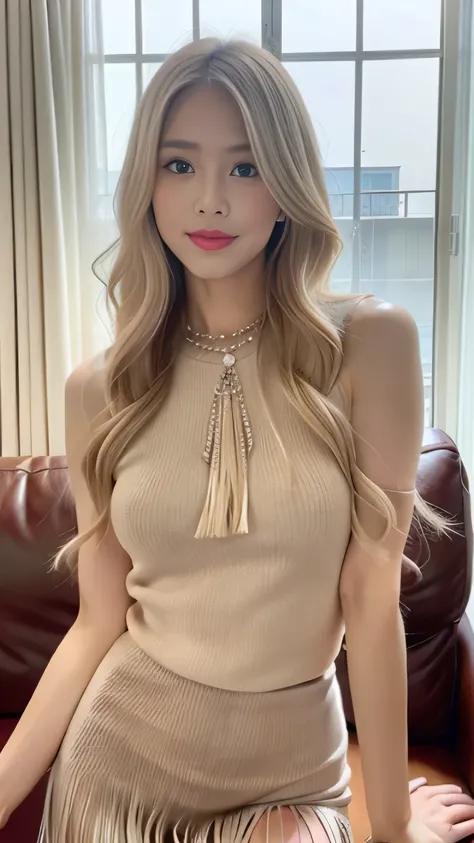 Long blonde fringed hair、1girl in、The sheen、Silver Blouse、Leather、tight skirts、(top-quality:1.4)、(超A high resolution:1.2)、(A detailed eye)､a room