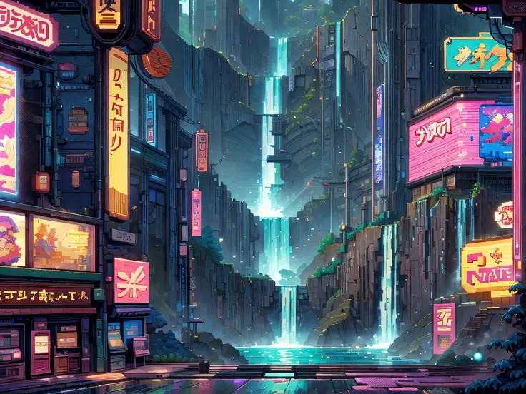 a large neon-lit video arcade street with many arcade cabinet machines along the side. there is a mountain and waterfall in the ...