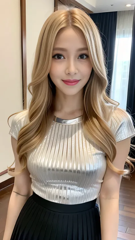 Long blonde fringed hair、1girl in、The sheen、Silver Blouse、Leather、tight skirts、(top-quality:1.4)、(超A high resolution:1.2)、(A detailed eye)､a room