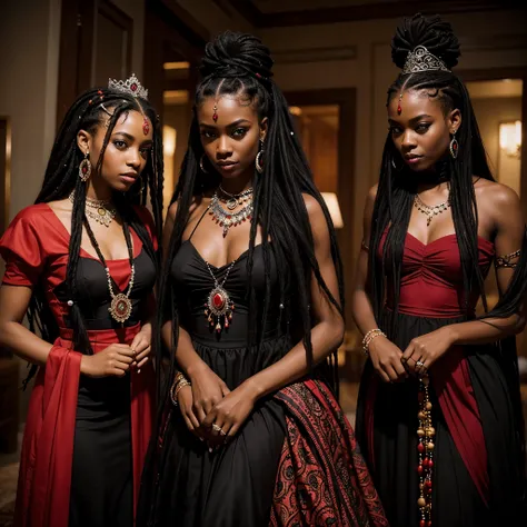 Beautiful black voodoo princesses,dreadlocks,beads,red dresses