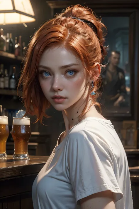 light mid redhead hair with ponytail , vibrant blue eyes, white pale skin, portrait, rocker clothes, pub scene, High detail RAW colored art, (detailed skin, skin texture), (muscle), intricate details, fine details, hyperdetailed, ray tracing, subsurface sc...