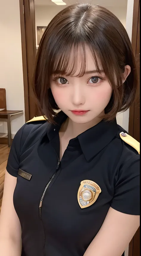 Tabletop, highest quality, One Girl, (beautiful girl:1.3), (18-year-old:1.3), Very good eye clarity, (Symmetrical eyes:1.3), (Police Costume:1.2), Beautiful breasts,Big Breasts，Big Breasts，Visible cracks， Brown eyes, Parted bangs, Brown Hair，Police uniform...