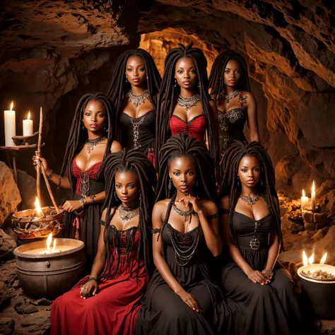 Beautiful black voodoo witches,dreadlocks,beads,red dresses,cave,cauldron,potions,smoke