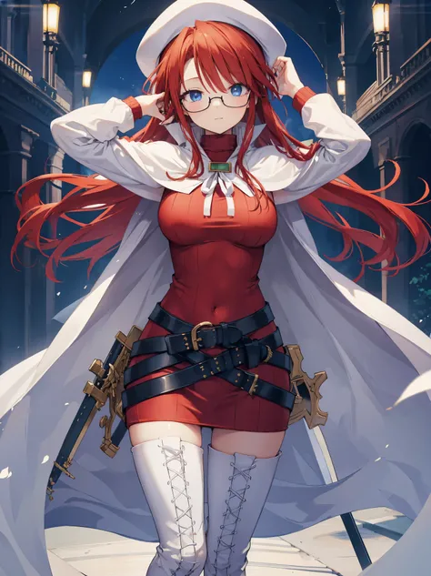 summonnightaty, aty, long hair, blue eyes, red hair, beret, hat, glasses,
BREAK long hair, thighhighs, hat, dress, boots, glasses, belt, cape, sweater, zettai ryouiki, beret, thigh boots, white footwear, ribbed sweater, loose belt,solo,
BREAK outdoors, fan...