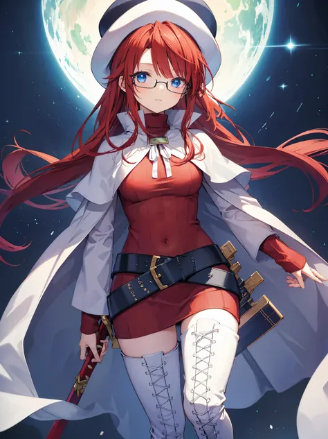 summonnightaty, aty, long hair, blue eyes, red hair, beret, hat, glasses,
BREAK long hair, thighhighs, hat, dress, boots, glasses, belt, cape, sweater, zettai ryouiki, beret, thigh boots, white footwear, ribbed sweater, loose belt,solo,
BREAK outdoors, fan...