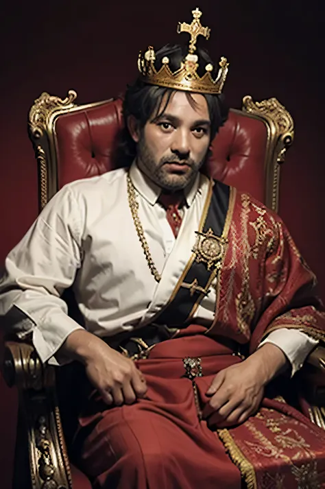 A 40 year old man wearing a kings crown sits in a kings chair with a red background