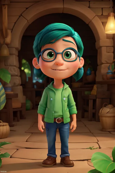 Crie um avatar da Pixar no estilo cabelo castanho olho verde rosto um pouco redondo dona de loja de joias com 28 anos