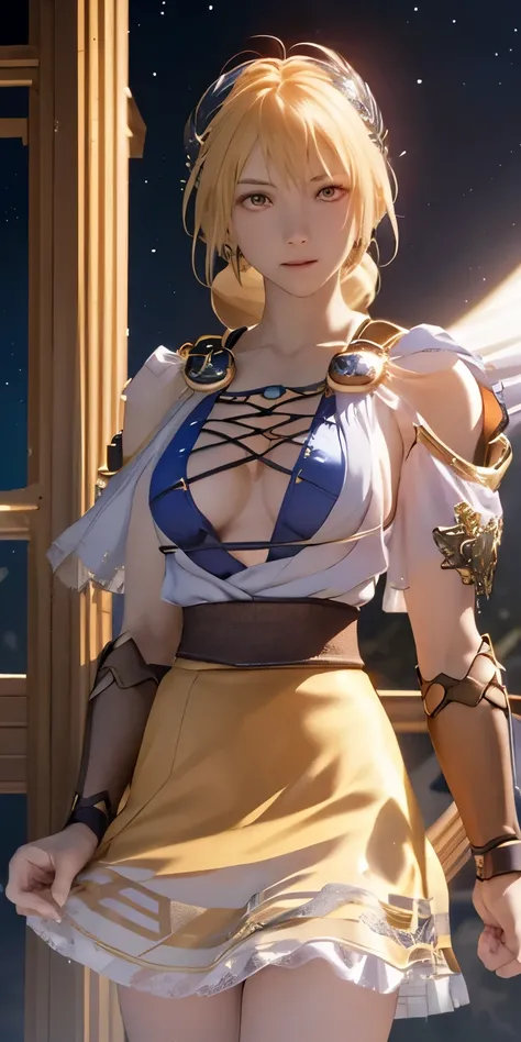 (masterpiece, best quality:1.3), Sophitia Alexandra, Soul Calibur, (upper body:1.5), anime, intricate detail, japanese style, 28 years old, look at viewer, gold hair, braid hair, (evil look:1.5), (empty eyes, simple eyes, glowing red:1.5), (skirt lift by m...