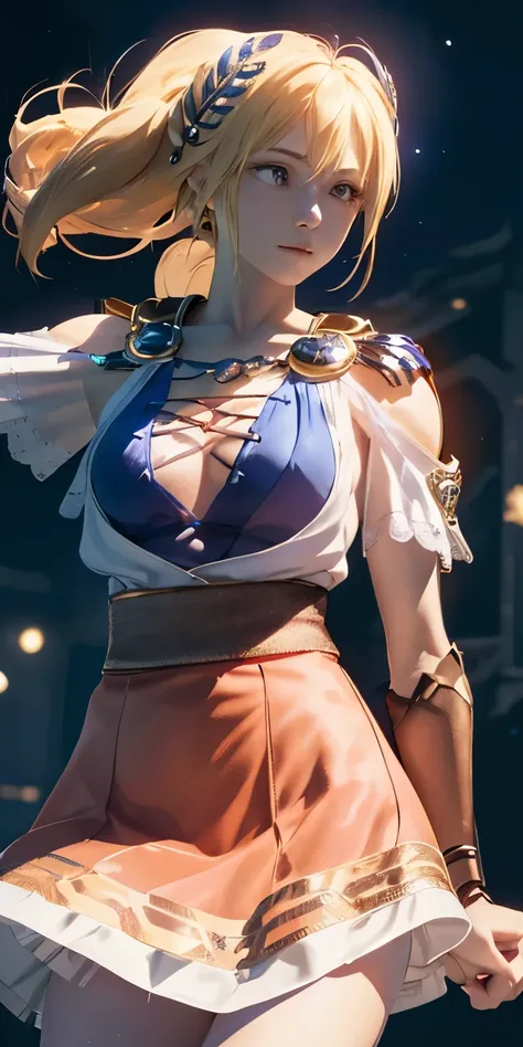 (masterpiece, best quality:1.3), Sophitia Alexandra, Soul Calibur, (upper body:1.5), anime, intricate detail, japanese style, 28 years old, look at viewer, gold hair, braid hair, (evil look:1.5), (empty eyes, simple eyes, glowing red:1.5), (skirt lift by m...