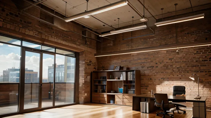 modern office, brick wall, high ceilings, glass wall, technology, nobody, macbbok, natural light,
lamp stand, away from wall, corner view, 8k, 16:9 aspect ratio