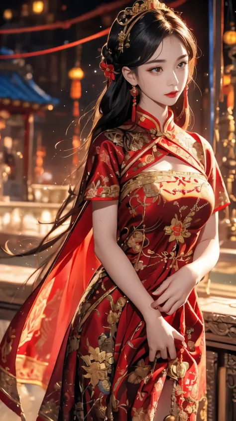 1 female,20 years old,center, She has long black hair,Red lips,Perfect thighs,(Keep your eyes on the camera:1.5),stand up,night,wooden pavilion,Chinese Palace,From the front, curls,Hair flying, Gloomy sky,(((masterpiece),(Highly detailed CG Unity 8k wallpa...