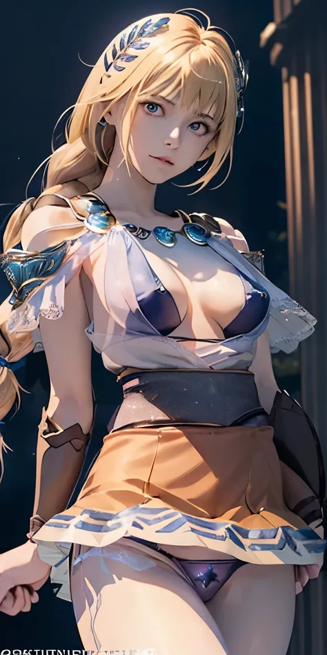 (masterpiece, best quality:1.3), Sophitia Alexandra, Soul Calibur, (upper body:1.5), anime, intricate detail, japanese style, 28 years old, look at viewer, gold hair, braid hair, (evil look:1.5), (empty eyes, simple eyes, glowing red:1.5), (showing panties...