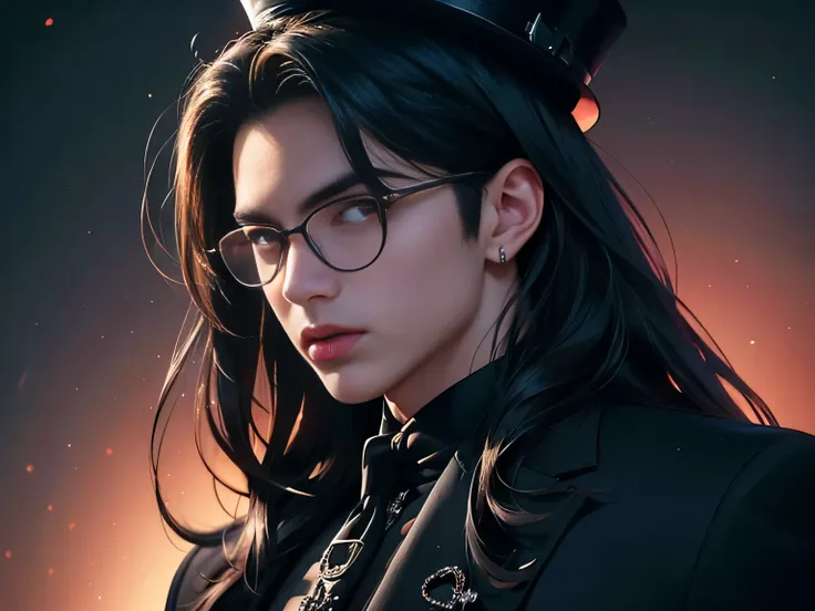 masterpiece, highest quality, (perfect full face:1.5), (high detail:1.1), (((guy))), long straight black hair, soft hair, rounded glasses, top hat, (hyper detailed red eyes), solo, (((1guy))), long hair, wearing dark luxury gothic suit, (((solo))), photosh...