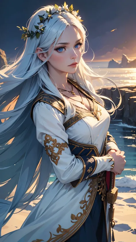 a photoe raealistic portrait of a viking beauty on top of a cliff, (best quality,4k,8k,highres,masterpiece:1.2),ultra-detailed,(realistic,photorealistic,photo-realistic:1.37),viking girl,blue eyes,long white hair,beautiful detailed eyes,beautiful detailed ...