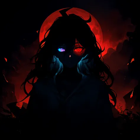 1boy, (stunning black long hair:1.2), male, heterochromia, (dark blue right eye:1.2), (red left eye: 1.2), (dark theme:1.3), (dark atmosphere:1.3), horror (theme), wild hair, glowing eyes, moon eyes