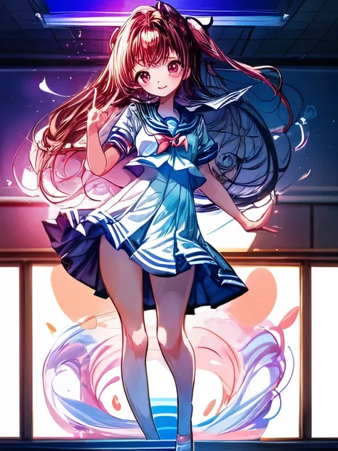 Create an image of a girl, sailor suit, classroom, The image should capture the essence of summer, The girl should be in a typical summer pose, with a high-contrast effect and a subtle glow. The upper part of the screen should have a darker tone, gradually...