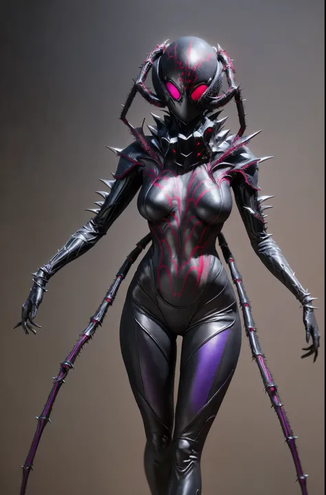 beautiful girl fused with a spider. (high quality) （black and red and purple image color）. body suit. compound eye. cyber style....