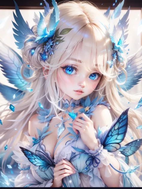 Blue Fairy、gentle、cute、Blonde、blue eyes、Crystal clear feathers、fluffy、Sparkling