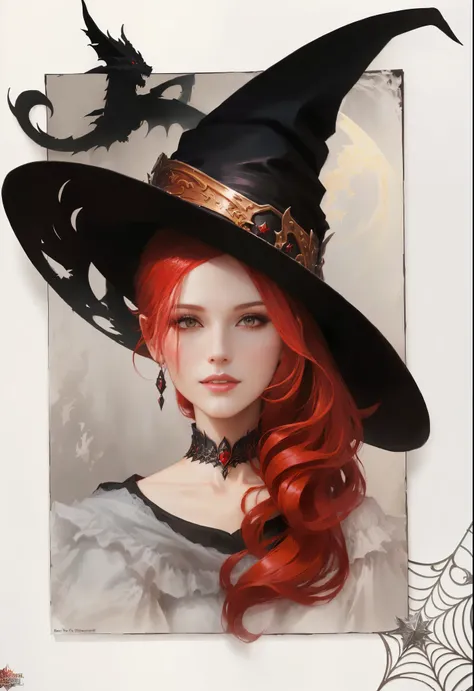 witch with red hair and a black hat with a dragon, portrait of a young witch girl, portrait of a young witch, classical witch, portrait of a witch, Portrait of a Sorceress, beautiful female witch, beautiful sorceress, witch girl, The Bright Witch, A Wonder...