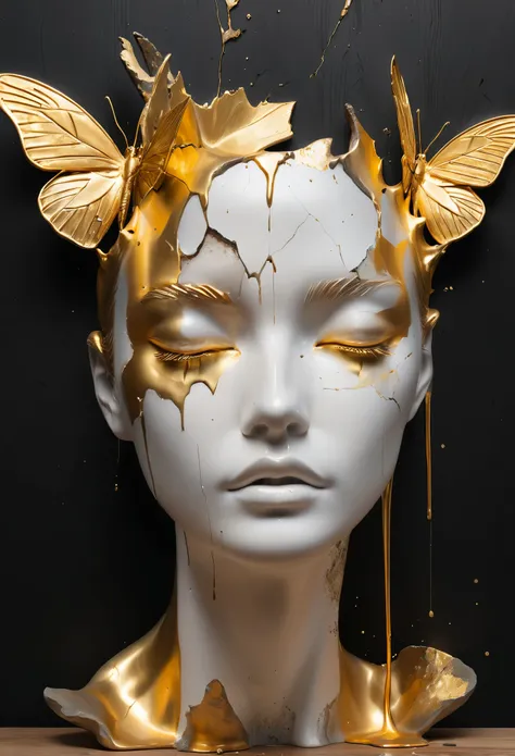 ((display，Still life table，Artistic statues，3D Sculpture，ceramics，Surface cracks，Shattered Texture)), Showing the beauty of nature.gold，Golden powder，portrait， This artwork is presented on a black background，To emphasize its artistic quality.
wood