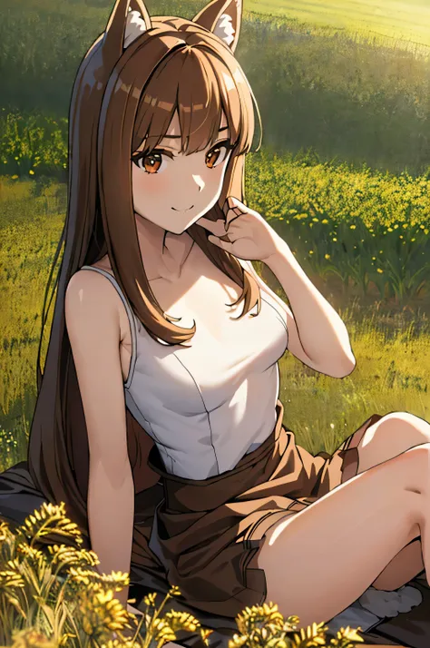 masterpiece, highest quality:1.2), wheat field, holo, alone,sitting, (sexy pose), long hair, brown hair, dog ears, smile, (large...