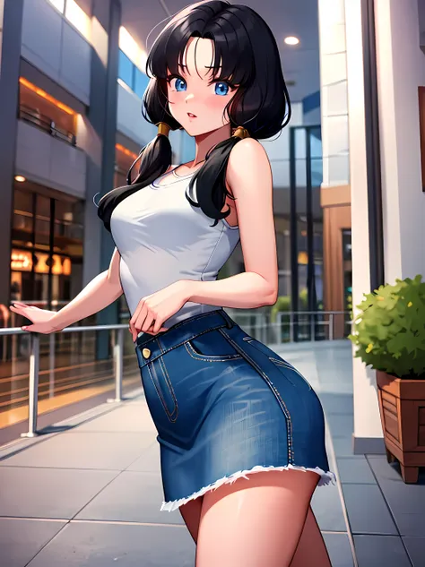 masterpiece, best quality, highres, videl2, solo, blue eyes, black hair, twintails, medium breasts, cowboy shot, mall, denim skirt, losse hair, sexy pose