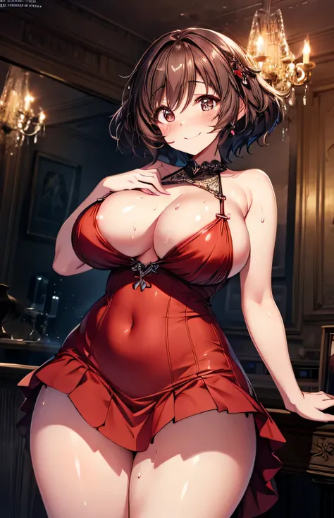 Anime illustration、highest quality、A short and voluptuous companion、Sexy Red Dress、Perfect proportions、indirect lighting、chandelier、High-end club、overwhelmingly big breasts、Thick legs、Beautiful, shining eyes、Cowboy Shot、smile、Excessive sweating、Noise Reduc...