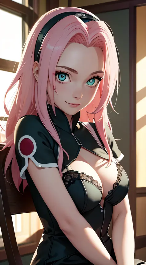 masterpiece， The best quality at its best， One girl，alone， Sakura Haruno， Large Breasts，（Lower body close-up)，Raised to be sexy，I&#39;m shy，Pink Hair， Long white hair， （Green Eyes:1.3)， Forehead Protection， smile， blue sky， cloud，A kind smile, Sitting in a...