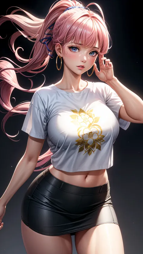 (best quality:1.5, highres, UHD, 4K, detailed lighting, shaders), white curly floral haired, gradient hair, large breasts, suit, T-shirt, social shirt, short skirt, mature woman , (pov), white background, colorful eyeshadow, dramatic lighting, sparkling ey...