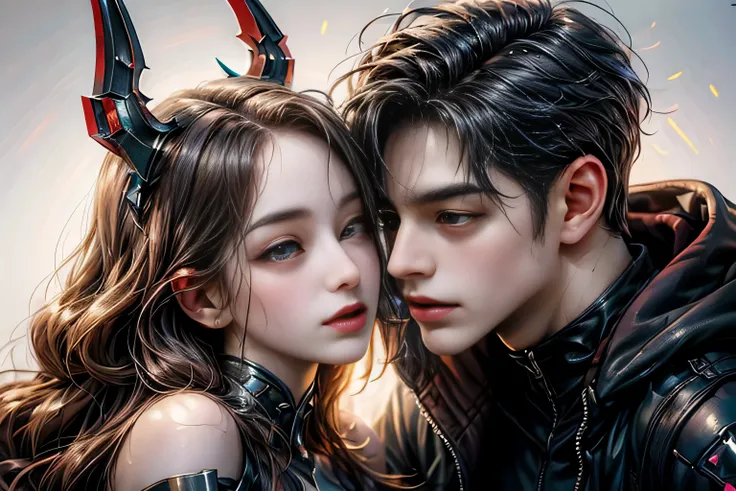 2 characters: cyberpunk woman celebrating valentines day with cyberpunk man, (couple), Beautiful face, great quality anime art, illustration, high quality realistic anime art, seductive face expression, beautiful demon girl, beautiful demon man, beautiful ...