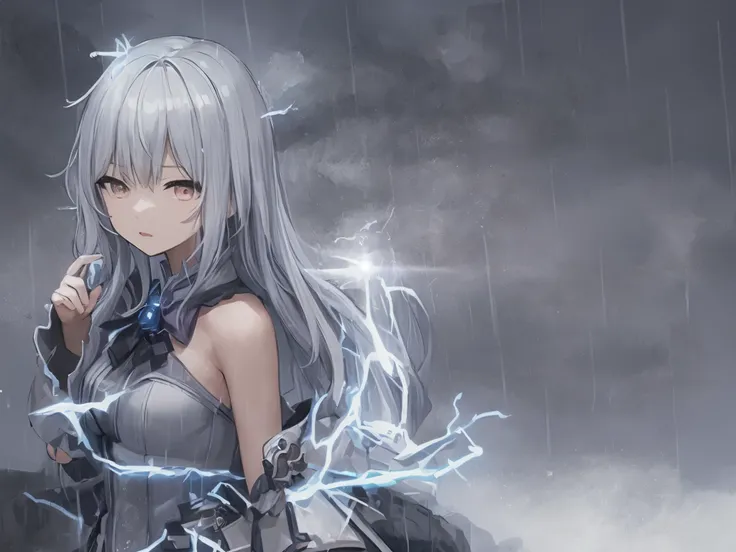 髪にlightningをまとい、Anime girl standing in the rain, Goddess of Thunder, 日本のGoddess of Thunder, lightningとともに, 彼女の後ろのlightningのしぶき, 雨とlightningで, lightning!!, lightning!!!, lightning, She attracts lightning, White-haired God, detailed lighting and thunder, 雨とl...