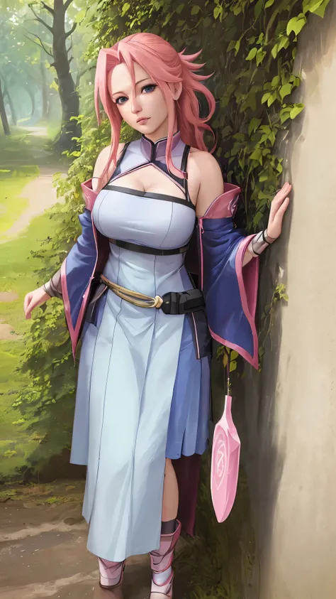 (best quality,8k,highres,ultra-detailed,realistic),portrait,sakura haruno,beautiful detailed eyes,beautiful detailed lips,long pink hair,blue eyes,sexy,blue outfit,low-cut dress,standing in front of a wall covered in green ivy and trees, big tits