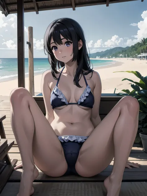 (Realistic, photo Realistic:1.2), ((highest quality)), Shift the center of gravity backwards, Quite embarrassing, Kousaka Reine, Long Hair, bikini, frill, Beautiful facial details, Real human skin, Gentle expression, Front view, angle From below, Realistic...