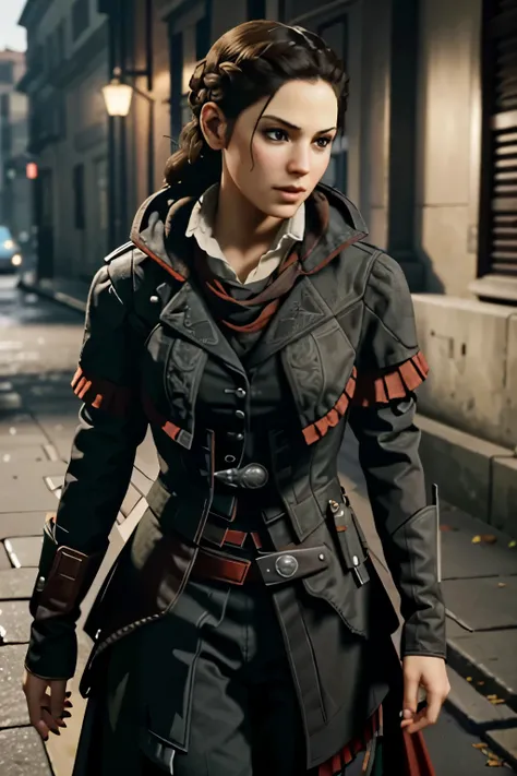Evie Frye do Assassin's Creed Syndicate, ((Cosplay de Assassins Creed)), Penteado de Assassins Creed Evie Frye, (detalhes do rosto), (olhos detalhados), delineador preto, (peito grande:1.2),Sorriso Sedutor, garota gordinha, high resolution, obra de art...