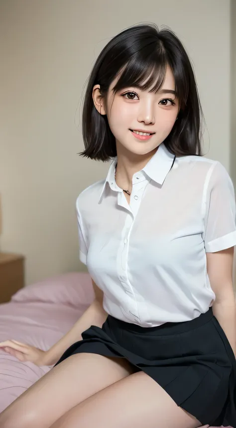 masterpiece,bestquality,detailed,absurdres,1 japanese cute girl,(boyish),17 years old,large slant roundish armond eyes,slender,thick eyebrow,(small round nose:1.4),(large breasts:1.3),

white collared shirt,black pleated skirt,sitting,(from below,thigh foc...