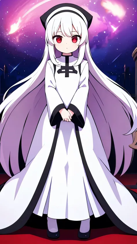 saint,Sister,Adult women,White long-sleeved dress,Wearing a wimple,Red eyes,White long hair,Standing with arms folded in front of one another,Final Boss