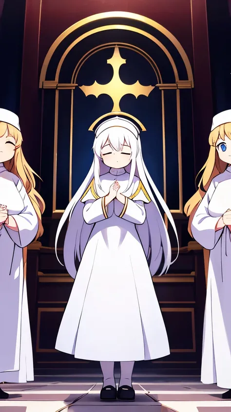 saint,Sister,Adult women,White long-sleeved dress,Wearing a wimple,Eyes closed,White long hair,Standing with arms folded in front of one another,Final Boss