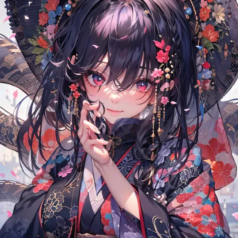 (masterpiece), highest quality, Expressive eyes, Beautiful manga Japanese woman with perfect face, MangaKawaiiAnime, Beautiful Japanese Kimono, The kimono has dragon embroidery on it... Black and red clothing colors, Japanese women&#39;s long hair, Black h...