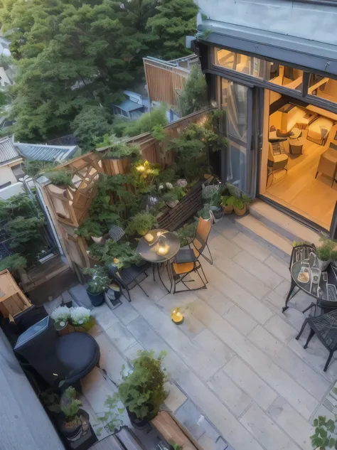 there is a Terrace with a guitar and a table and chairs, home garden, Blooming flowers，breath of spring，plants and Terrace, The roof of Tokyo, There is a fish pond and a garden, There is a garden, backyard garden, beautiful balcony, Terrace, Watch from abo...