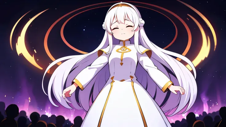 saint,Sister,Adult women,White long-sleeved dress,Wearing a wimple,Eyes closed,White long hair,Standing with arms folded in front of one another,Uses healing magic,Final Boss