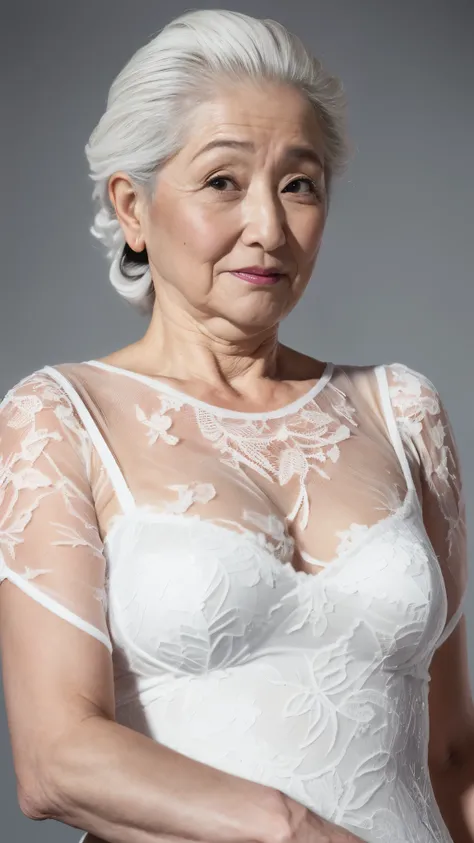 housewife, ((Fractal Art)), (((masterpiece))), 8k, Clear images, (((alone))), (((Older Japanese Mature))), Pure white background, Gray Hair, Lower your arms, wear a flashy bra, gravure, Look forward, ((Elderly mature woman with an old face)), Depict lips a...