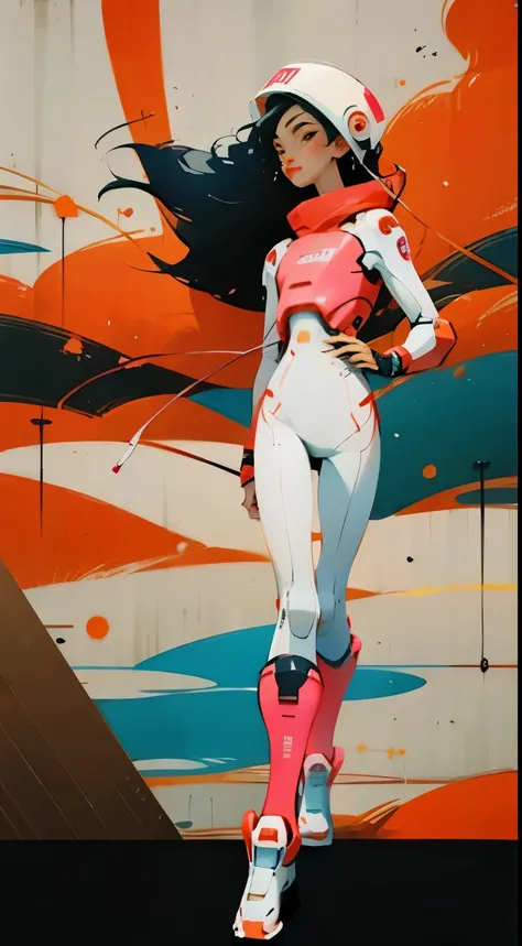 (ultra detailed,ultra high res,detailed background),((2D)),((flat color)),((muted color)),((floating neon)),1girl,solo,looking at viewer, BREAK, spray paint, graffiti, girl in a floral print space suit wearing her helmet, plush tartan scarf, full body imag...