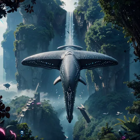 Flying Future genetic engineering will incorporate Whale into its work of art, Covered by fauna, flora. Alebrije, Masterpiece, hyper HD, Axonometric view, jungles. Cyberpunk