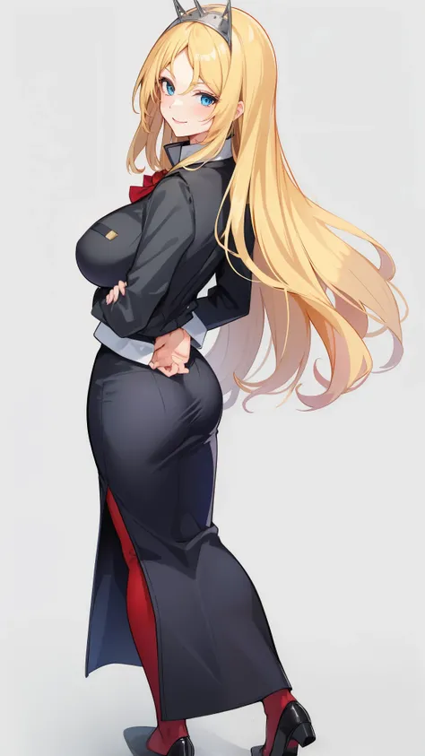 blonde hair,milf,blue eyes,long hair,smile,,,,solo,militaly uniform,simple white back ground,full body,standing