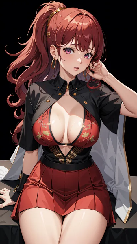 (best quality:1.5, highres, UHD, 4K, detailed lighting, shaders), red curly floral haired, gradient hair, large breasts, suit, T-shirt, social shirt, short skirt, mature woman , (pov), white background, colorful eyeshadow, dramatic lighting, sparkling eyes...