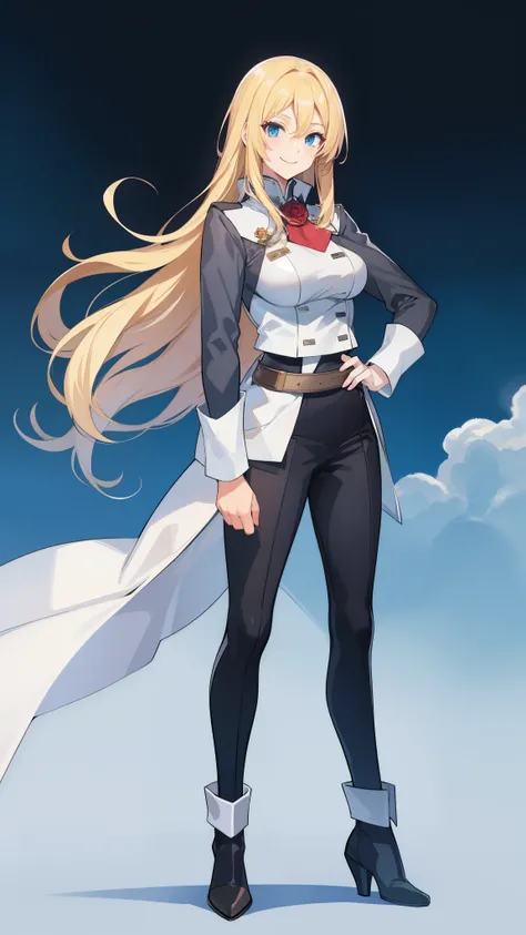 blonde hair,blue eyes,long hair,smile,,,,solo,militaly uniform,white back ground,full body,standing