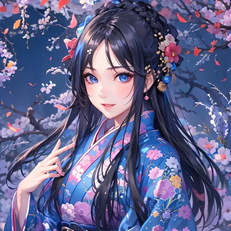 (masterpiece), highest quality, Expressive eyes, Beautiful manga Japanese woman with perfect face, MangaKawaiiAnime, Beautiful Japanese Kimono, The kimono is embroidered with dragons..... Black and blue clothing colors, Japanese women&#39;Long Hair, Black ...