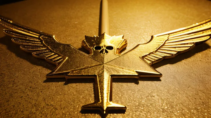 photorealistic, military logo, central gold skull, jump wings, crossed baseball bats, high res, ultra-detailed, reflective gold textures, professional, sharp focus. professional lighting, Canadian maple leaf flag in the background