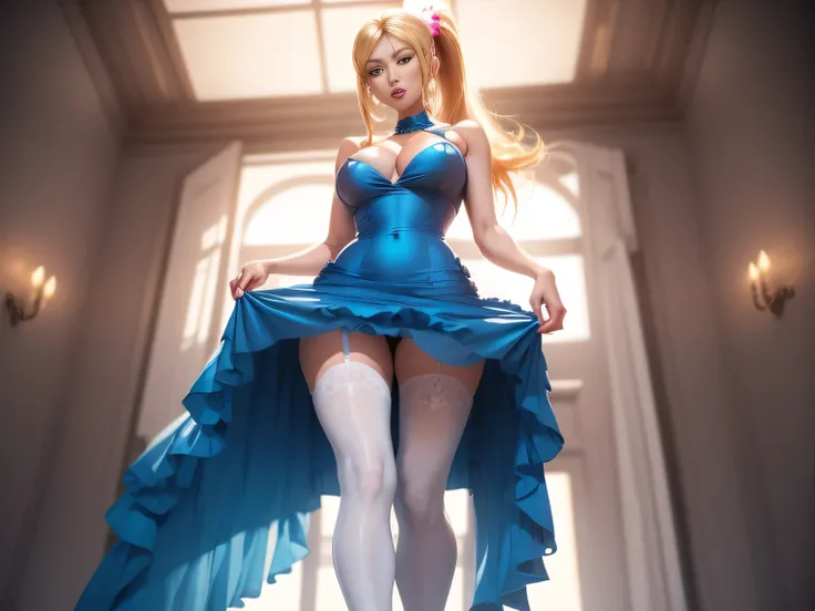 Samus aran, blue eyes, stunning proportions, white background, long hair, ponytail, detailed, full body shot, cleavage, pink lipstick, in love with the viewer, blue dress, from below, ((frilly)), puffy, thighhighs, high heels, fancy ball dress, bows, gems