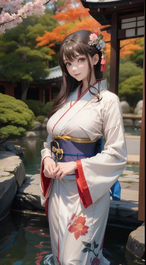 Outdoor、Japanese garden、Young woman wearing a kimono、Big Breasts、Slender、Second dimension beautiful girl、Perfect figure、Perfect beauty、smile